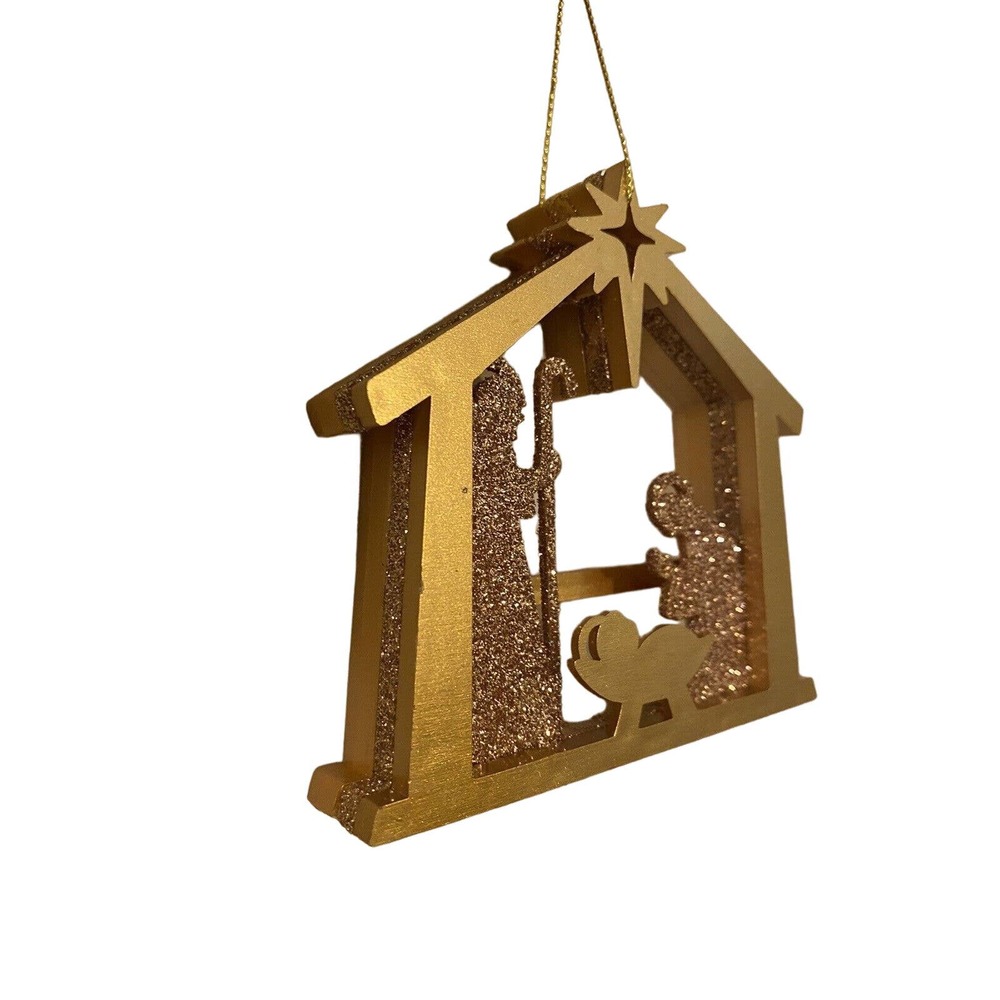 Set/10 New Pier One Gold Glitter Nativity Manger Ornament Christmas Holiday Tree